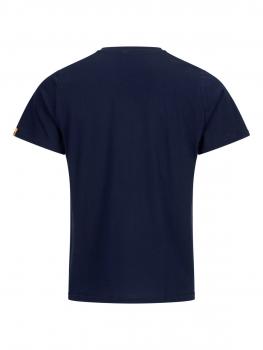 The image displays a simple, short-sleeved T-shirt in dark blue. It features a round neckline and a straight fit. The cut is plain with no additional embellishments.