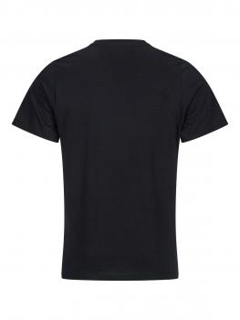 The image shows a black T-shirt from the back. It has short sleeves and a round neckline. The fabric appears smooth and lightweight, with no pattern or print.