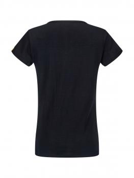 The image shows a black T-shirt from the back view. It has short sleeves and a round neckline. The fabric appears soft and comfortable.