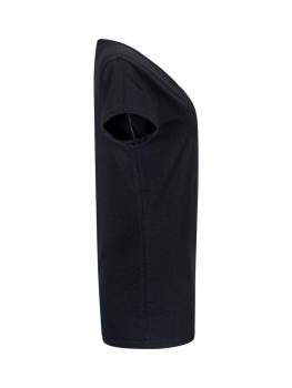 The image shows a black T-shirt from the side. It has short sleeves and a simple, clean cut. The fabric appears soft and lightweight.