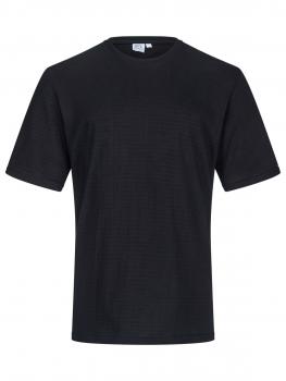 The image displays a simple, black T-shirt. It features short sleeves and a round neckline. The fabric appears smooth and inconspicuous, without patterns or special details.