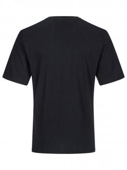 The image shows a black T-shirt from the back. It has short sleeves and a round neckline. The fabric appears smooth and plain without any patterns.