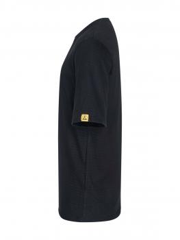 The image shows a black T-shirt from the side. It has short sleeves and a simple round neckline. There is a yellow label on the left sleeve.