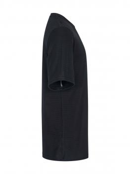 The image shows a black T-shirt in profile. It has short sleeves and a straight cut, without any noticeable details or patterns. The fabric appears simple and smooth.