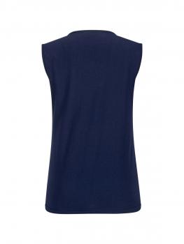 The image displays a sleeveless, dark blue top from the back. It features a round neckline and a straight fit. The surface is smooth and patternless.