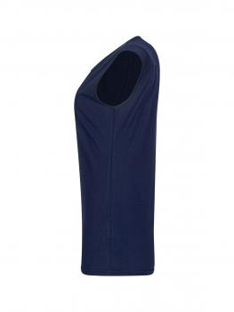 The image shows a sleeveless, dark blue top in a side view. It has a round neckline and a loose, casual fit. The fabric appears soft and comfortable.