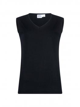 The image shows a sleeveless, black top with a V-neckline. It has a simple, form-fitting shape and appears elegant and versatile.