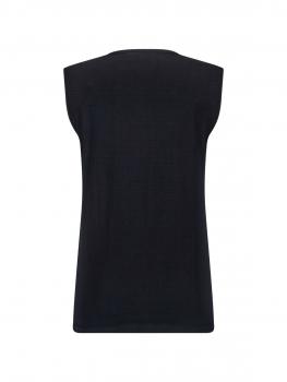 The picture shows a sleeveless, black top from the back. It has a straight fit and a round neckline. The fabric appears to be light and smooth.