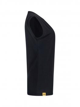 The image shows a sleeveless, black top. It features a simply cut collar and a small yellow brand label at the bottom edge. The surface is smooth and solid-colored.