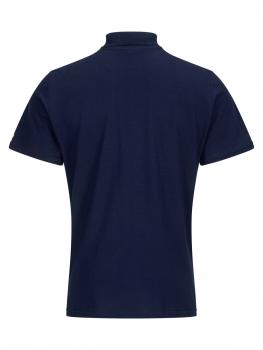 The image shows the back of a dark blue polo shirt. It has short sleeves and a high collar. The fabric appears smooth and is solid-colored without any patterns.