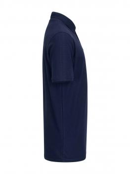 The image shows a navy blue short-sleeved polo shirt. It features a classic collar and a simple, straight cut.