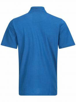 The image shows a short-sleeved, blue polo shirt. It has a classic collar and a textured surface with fine, vertical lines. The back is smooth and without a pattern.
