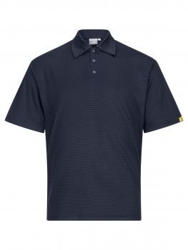The image shows a short-sleeved polo shirt in navy blue with fine horizontal stripes. It features a classic collar, three buttons, and is made from a comfortable, soft fabric.