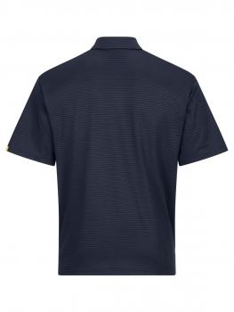 The image shows a short-sleeved, dark blue polo shirt. It features a classic collar and is solid colored with fine, horizontal stripes. The back is visible.