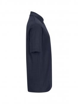 The image shows a dark blue polo shirt from the side. It has short sleeves, a collar, and a slightly textured surface. The shape is straight and casual.