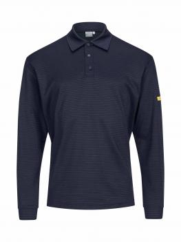 The image shows a dark blue polo shirt with long sleeves. It features a classic collar and fine vertical stripes. There is a yellow detail on the sleeve.