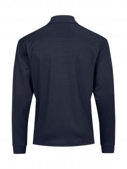 The image shows the rear view of a dark blue long-sleeve shirt with a classic collar. The surface features fine, horizontal stripes. The shirt is simple and elegant.