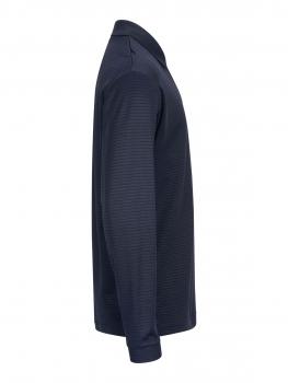 The image shows a long-sleeved polo shirt in dark blue. It features a classic collar and a simple striped texture. The cut is modern and form-fitting.