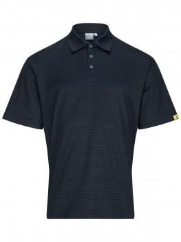 Das Bild zeigt ein dunkelblaues Poloshirt mit kurzen Ärmeln und einem klassischen Kragen. Es hat drei Knöpfe am Ausschnitt und feine Streifen. An der Ecke ist ein gelbes Logo.