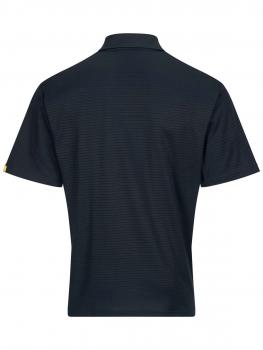 Das Bild zeigt ein schwarzes Poloshirt von hinten. Es hat kurze Ärmel und einen klassischen Kragen. Die Textur ist leicht gestreift, und es gibt ein kleines Logo auf der linken Schulter.