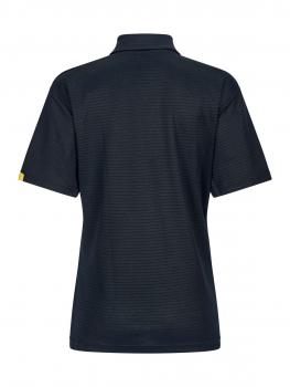 The image shows a black polo shirt made from a lightweight fabric. It has a classic collar and short sleeves. The back is plain with fine textured lines.