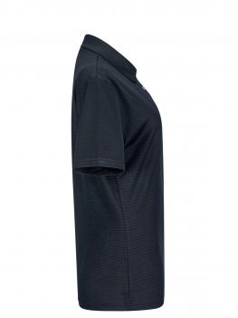 The image displays a black polo shirt from the side. It features short sleeves and a classic collar. The material appears smooth, and the fit is slightly fitted and sporty.