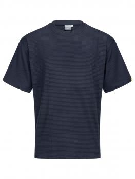 The image shows a dark, short-sleeved T-shirt with fine, horizontal stripes. It features a round neckline and a classic, relaxed fit.