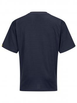 The image shows a dark blue T-shirt with a simple striped pattern. It has short sleeves and a round neckline. The back is visible, with no special details.