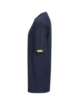The image shows a black, short-sleeved t-shirt in a side view. It has a smooth texture and a yellow label on one of the sleeves.