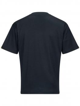 The image shows a black T-shirt from the back. It has short sleeves and a straight shape. The fabric is slightly textured with fine stripes. There are no conspicuous embellishments.