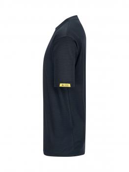 The image displays a dark blue t-shirt with short sleeves, which appears simple and sporty. A yellow label is located on one sleeve. The cut is classic and comfortable.