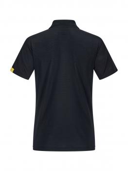 The image shows a black polo shirt from the back. It has short sleeves and a classic collar. On the left side, a yellow detail or logo is visible.