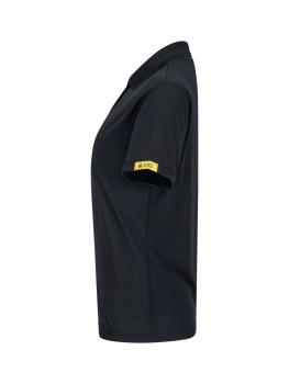 The image shows a black polo shirt in profile. It has short sleeves and a yellow marking on the left shoulder. The fabric appears smooth and sporty.