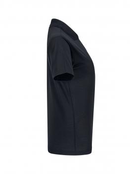The image shows a black T-shirt made from a lightweight, breathable fabric. It has short sleeves and a classic collar, the design is simple and modern.