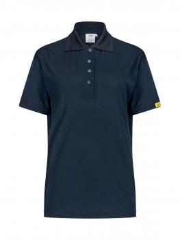 The image shows a dark blue polo shirt with short sleeves. It features a stylish collar and three buttons on the front. There is a yellow logo on one sleeve.