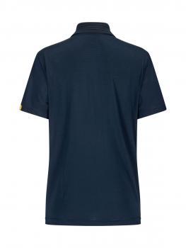 The image shows a solid, dark blue polo shirt from the back. It has a collar and short sleeves, and there is a small logo on the left side. The fabric appears smooth.