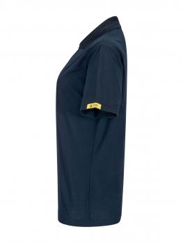 The image shows a navy blue cotton T-shirt. It features a classic cut, short sleeves, and a plain collar. There is a yellow label on one sleeve.