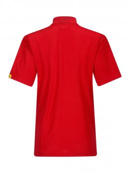 The image displays a red polo shirt from the back view. It features a short collar and short sleeves. There is a small, colored logo on one sleeve. The surface is textured.