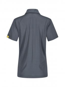 Das Bild zeigt ein graues Poloshirt mit einem schlichten, gestreiften Muster. Es hat kurze Ärmel und einen klassischen Kragen. Die Rückseite ist sichtbar, ohne Details auf der Vorderseite.