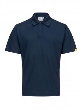 Das Bild zeigt ein dunkelblaues Poloshirt. Es hat kurze Ärmel und einen klassischen Kragen mit drei Knöpfen. Am linken Ärmel befindet sich ein gelbes Logo.