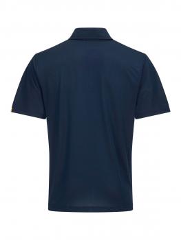 Das Bild zeigt ein dunkelblaues Poloshirt von hinten. Es hat kurze Ärmel, einen flachen Kragen und eine einfache, schlichte Form. Der Stoff wirkt glatt und leicht.