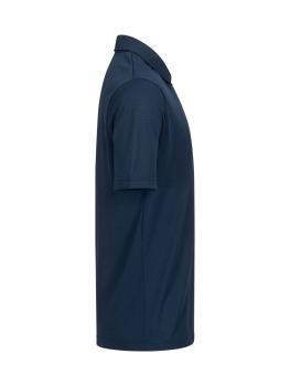 Das Bild zeigt ein dunkelblaues, kurzärmliges Poloshirt. Es hat einen klassischen Kragen und eine gerade Silhouette, die bis zur Hüfte reicht. Der Stoff sieht glatt und bequem aus.