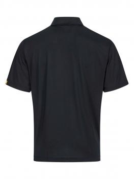 The image shows a black polo shirt from the back. It features a classic collar and short sleeves. The fabric appears smooth and could be suitable for leisure or sports activities.
