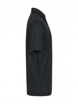 The image displays a black polo shirt presented from the side. It features short sleeves, a classic collar, and a straight fit. The surface is smooth.