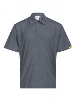 Das Bild zeigt ein graues Poloshirt aus einem glatten, leichten Material. Es hat einen klassischen Kragen, drei Knöpfe und einen kleinen gelben Logostreifen an der Seite.