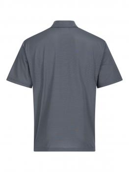 Das Bild zeigt ein graues Poloshirt aus einem leicht strukturierten Material. Es hat kurze Ärmel und einen klassischen Kragen, mit schmalen, horizontalen Linien im Stoffdesign.