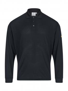 The image shows a black long-sleeve polo shirt. It features a classic collar and three buttons on the front. The fabric has fine, vertical lines.