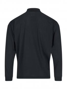 The image shows the back view of a black long-sleeve shirt. It features a high collar and has a sporty look. The surface is smooth and without noticeable details or patterns.