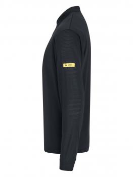The image shows a black long-sleeve shirt made from a lightweight, textured fabric. It features a stand-up collar and a simple, elegant shape. There is a yellow logo on one sleeve.