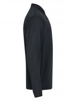 The image displays a black, long-sleeved top made from a smooth material. The collar is high and the design is simple, without any conspicuous decorations.